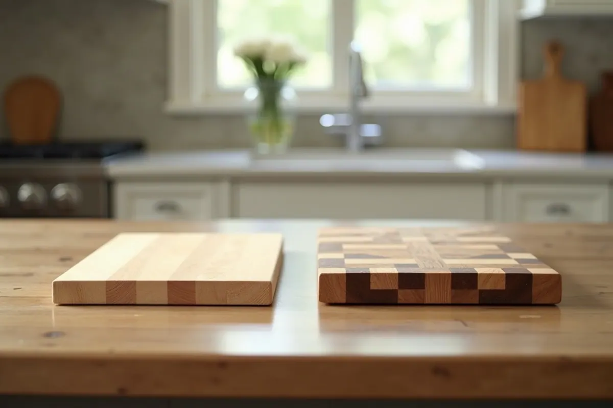 A thin wooden board beside a thick end-grain butcher block showing the difference in depth