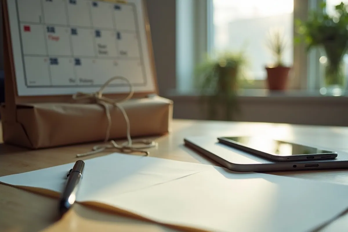 A blank card and pen beside a part-wrapped parcel and a calendar out of focus