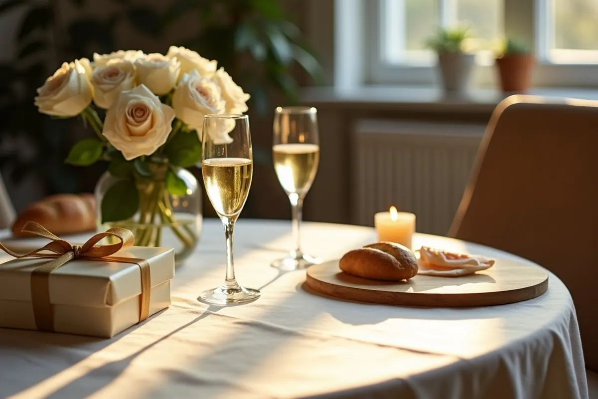 Champagne coupes, white roses, a candle and an ivory wrapped gift on an anniversary table