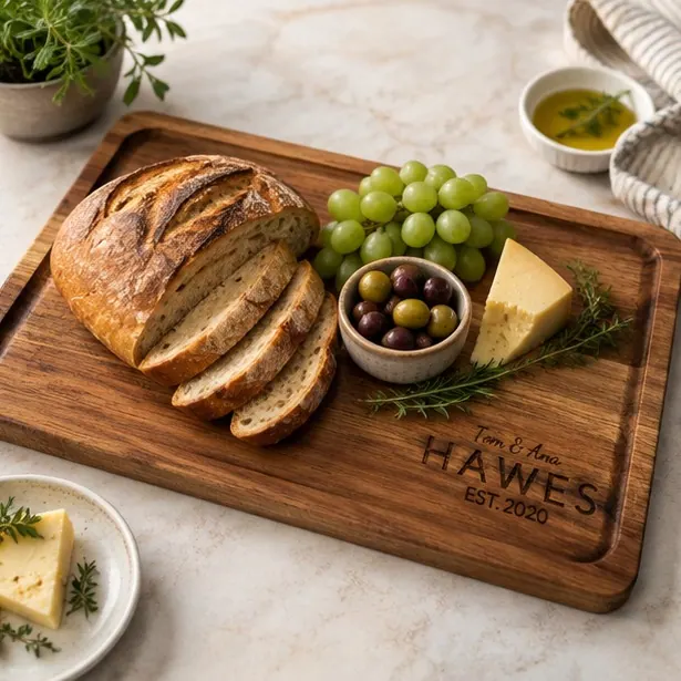 Personalized acacia cutting board engraved with a family name