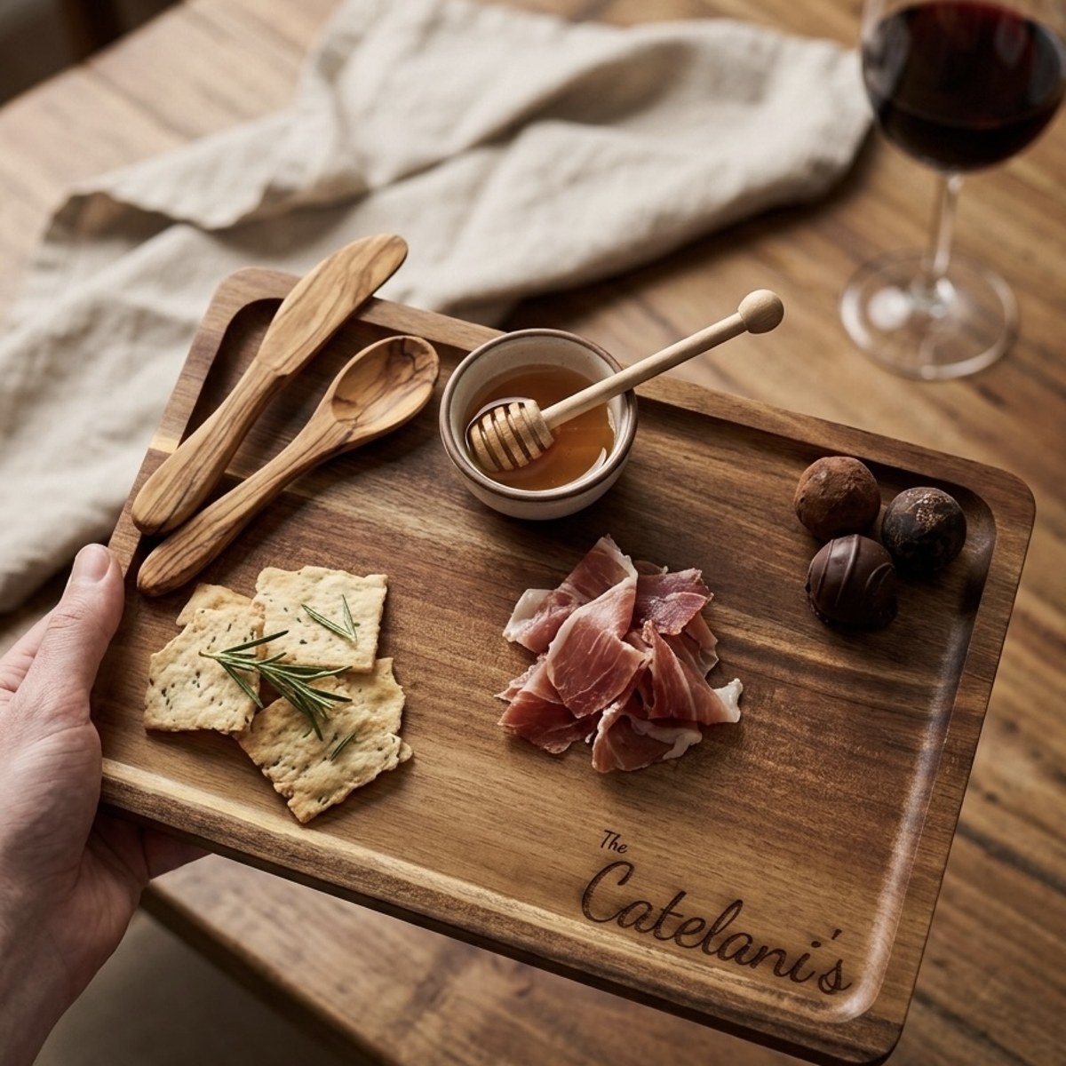 Acacia last name cutting board view 1