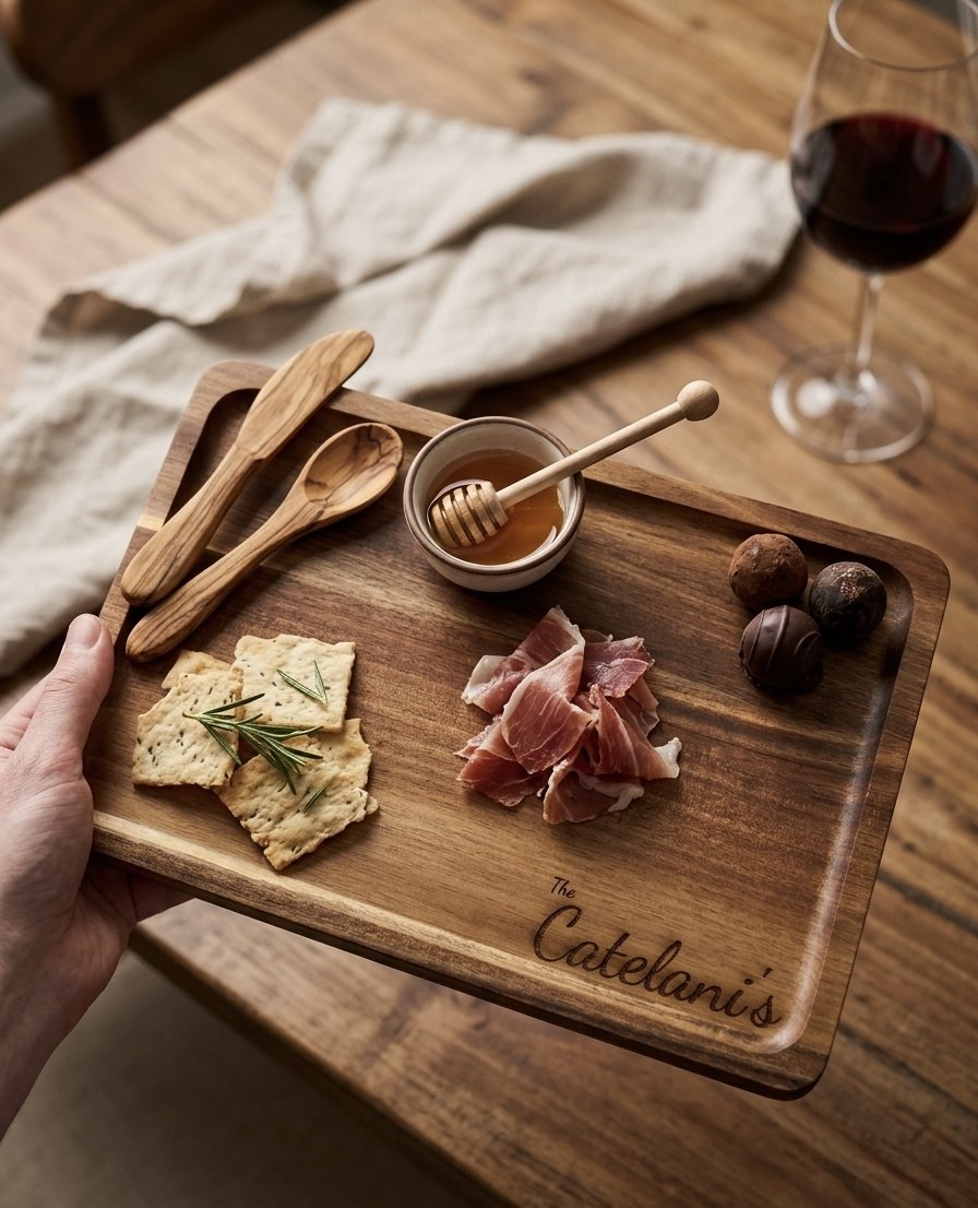 Personalized engraved acacia cutting board by NorthBurnGoods