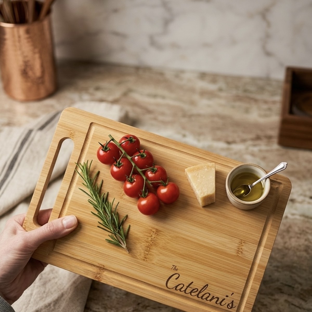 Bamboo last name cutting board view 1