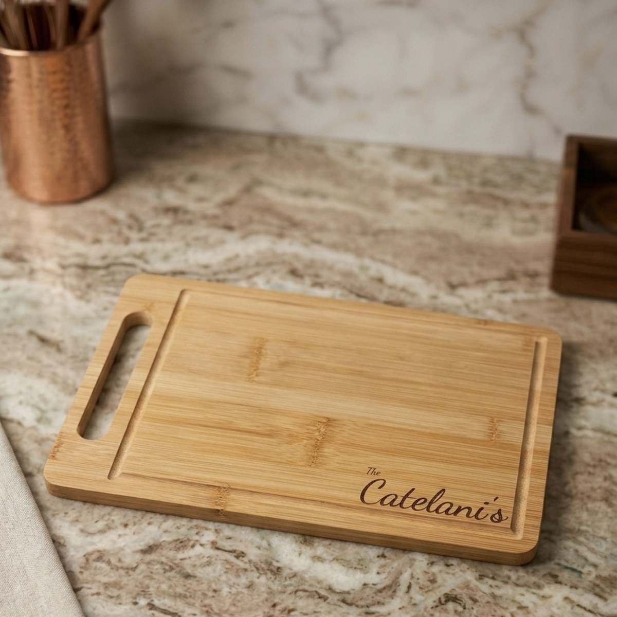 Bamboo last name cutting board view 4