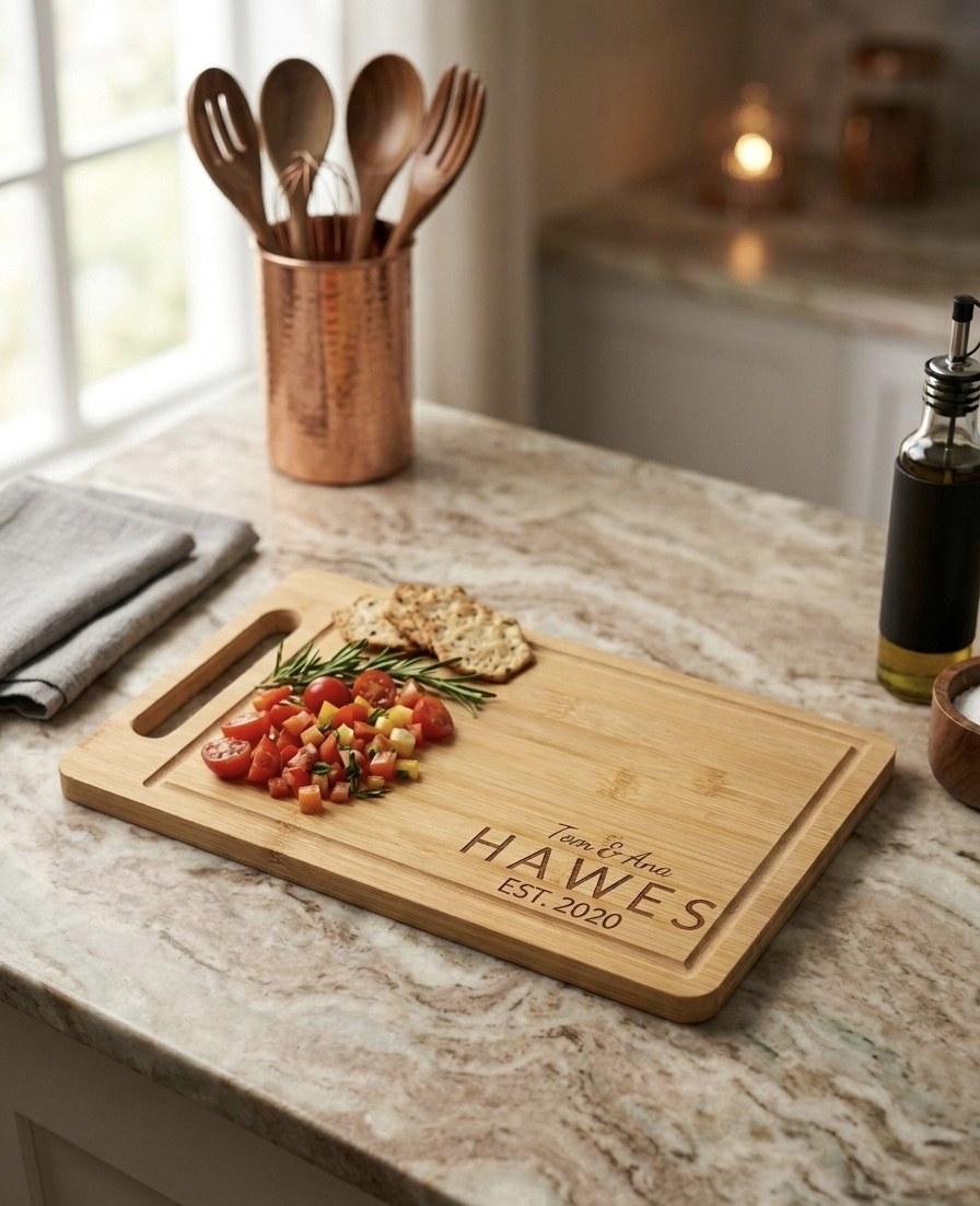 Personalized script last-name bamboo cutting board