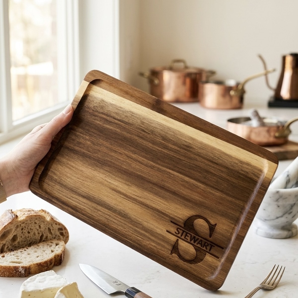 Split monogram acacia cutting board view 1