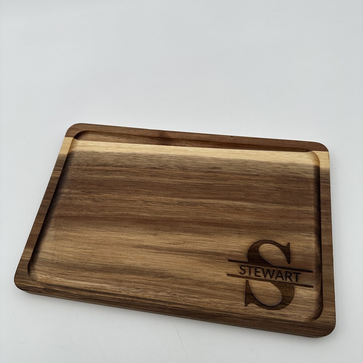 Split monogram acacia cutting board view 2