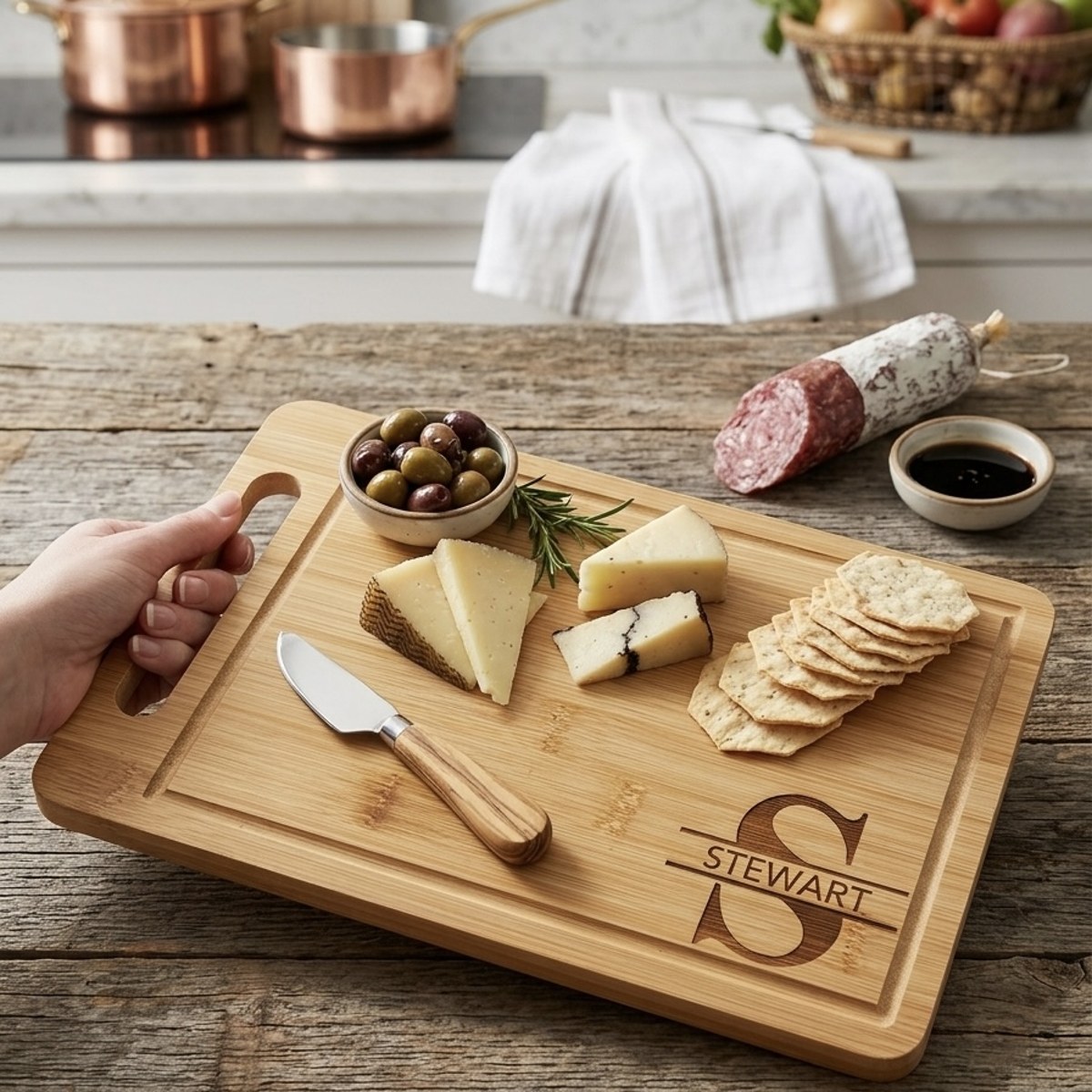 Split monogram bamboo cutting board view 1