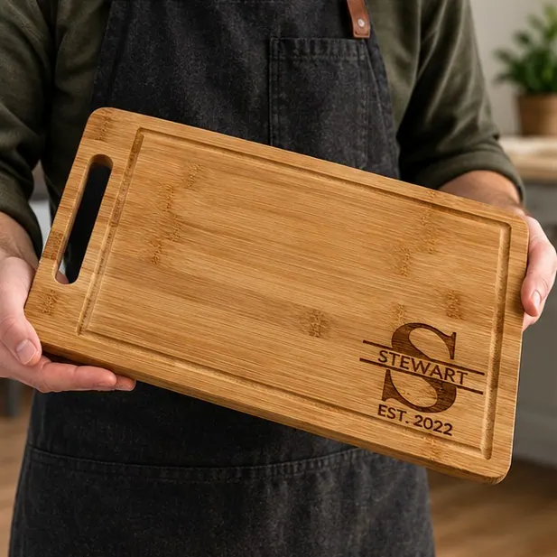 A bamboo split-monogram board leaning where it can be seen